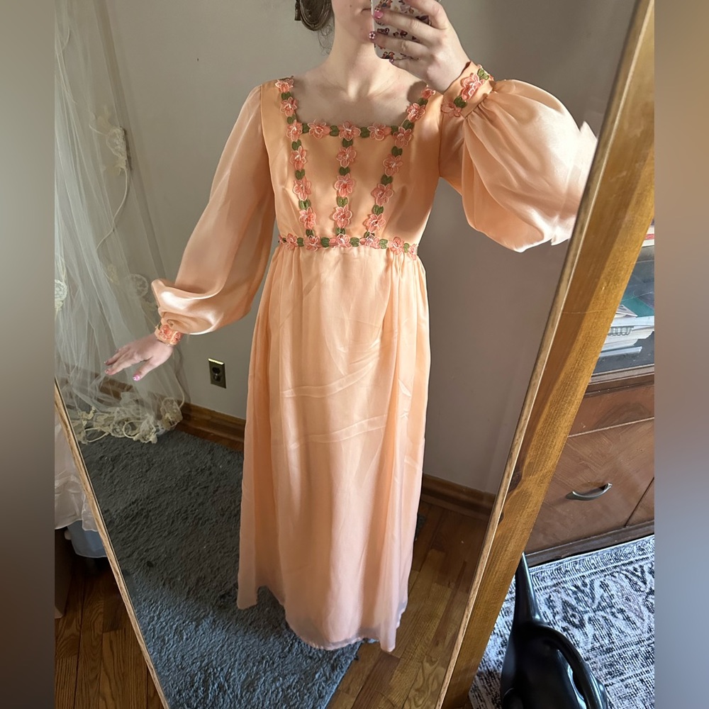70s Coral Peach Flower Chiffon Dress